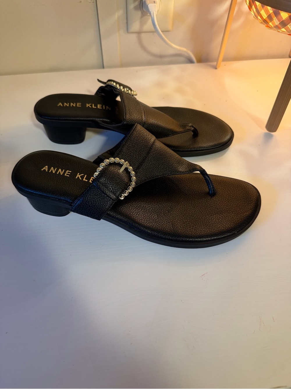 Anne Klein Black Jeweled Buckle Toe-Post Mules